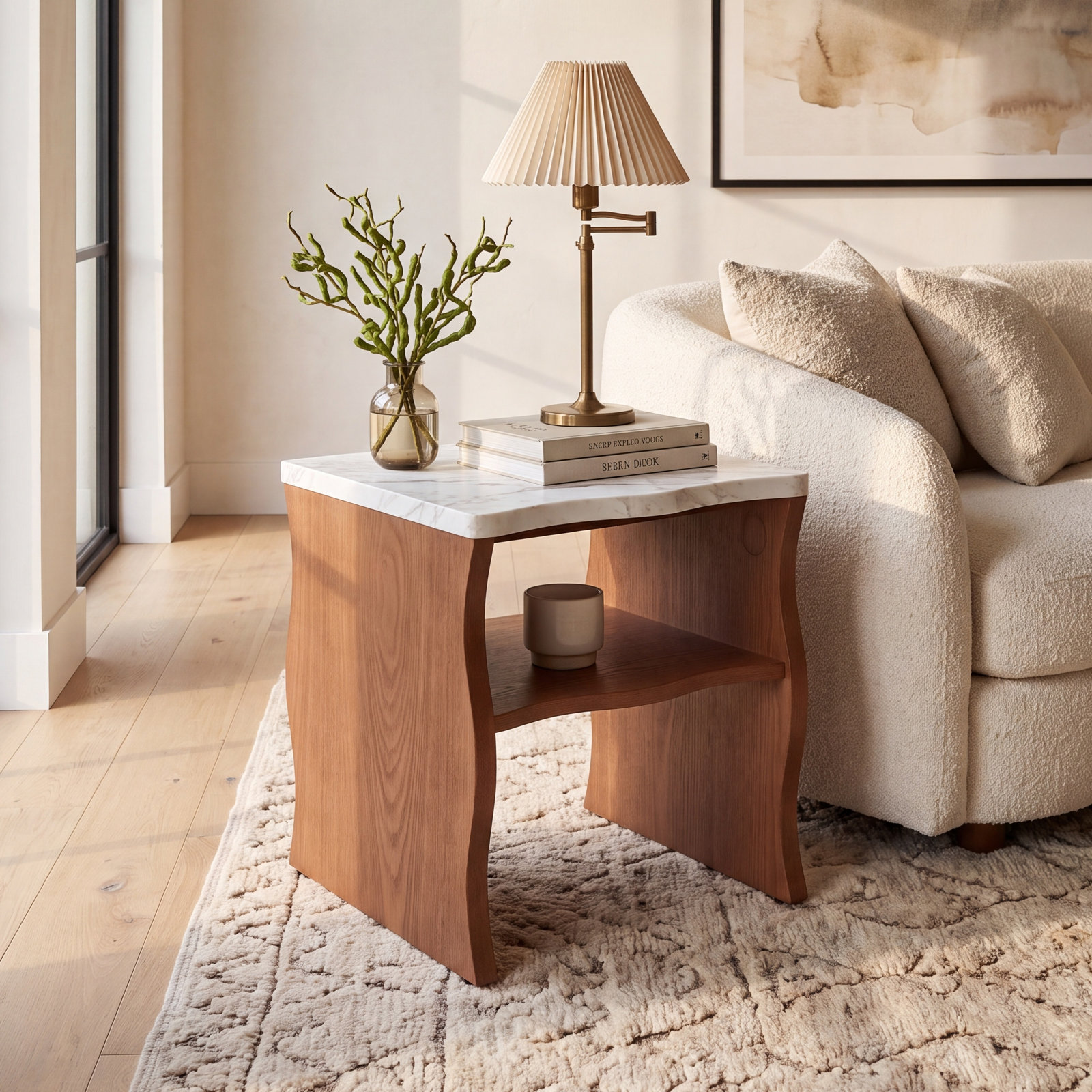 17" Marble Top Storage End Table, Light Brown