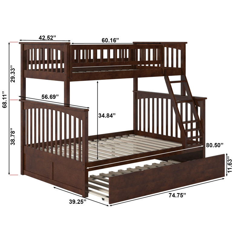 Blaisdell Solid Wood Standard Ladder Bunk Bed with Roll Out Trundle, Walnut, Twin over Full