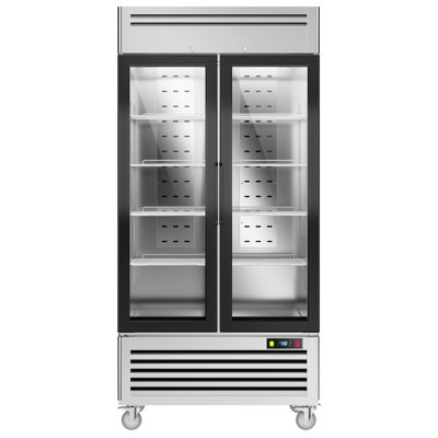Coolake l 40 po x 36 pieds cubes Réfrigérateur commercial de boissons, réfrigérateur commercial de dégivrage automatique avec 2 portes en verre, réfrigérateur en acier inoxydable avec lumière DEL pour le bureau, la boulangerie