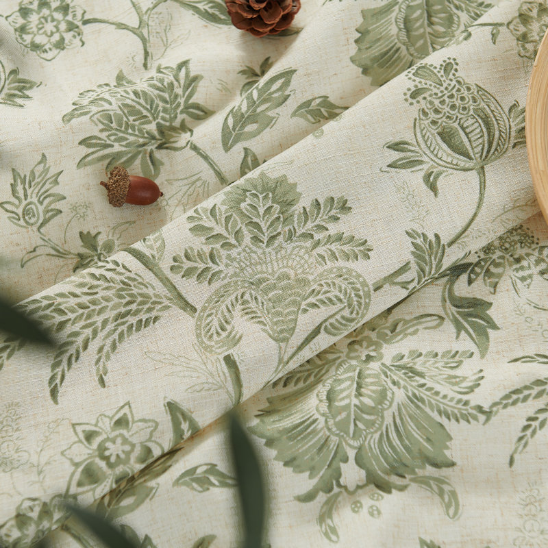 Linen Blend Floral Rod Pocket Curtains, 50" W x 63" L, Sage Green