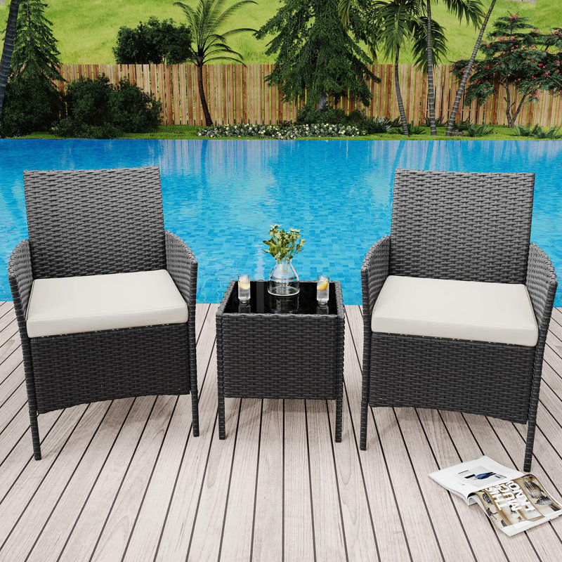 3-Piece Outdoor Bistro Set, PE Rattan Conversation Set with 2 Cushioned Chairs & Tempered Glass Table, All-Weather for Balcony/Patio