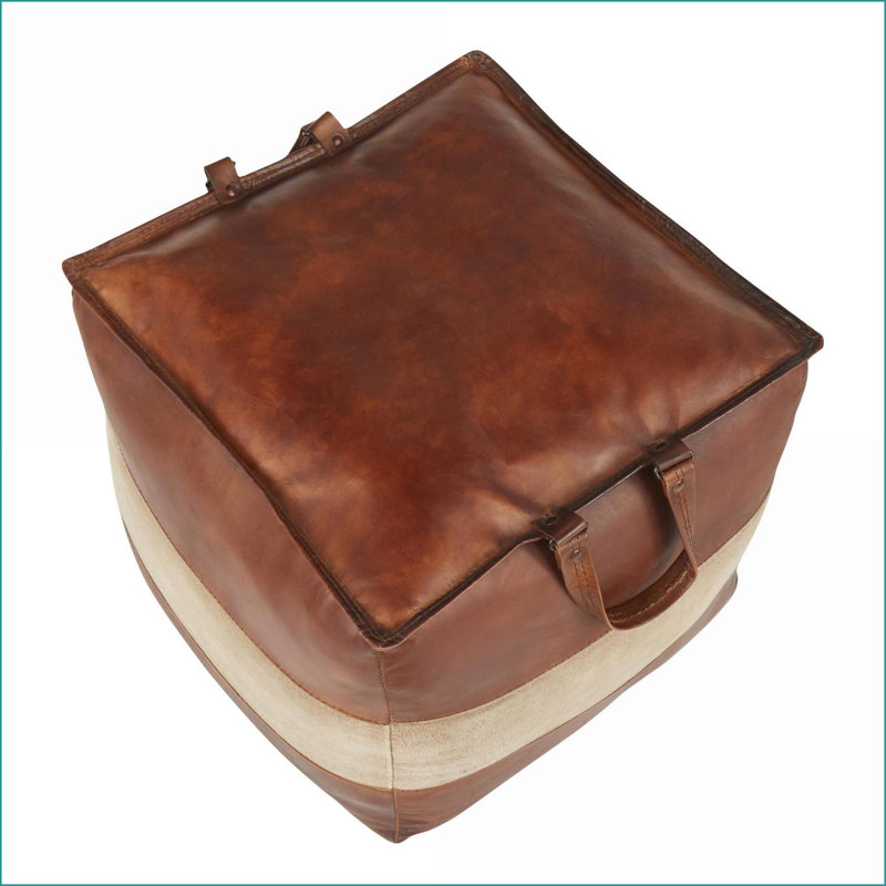 Ottoman Pouf, Industrial Urban Style, Walnut Brown Leather &amp; Tan Canvas by LumiSource | Walnut Brown | Leather
