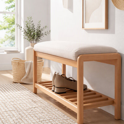 Natural Solid Wood Shoe Storage Bench with Cushioned Seat