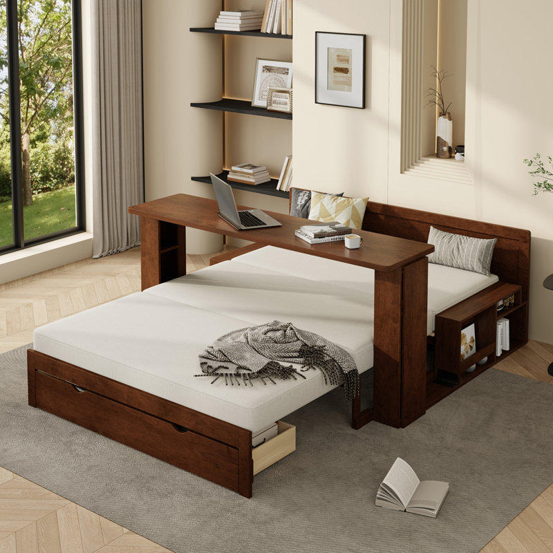 Grand lit de jour avec bureau amovible, Complet/Double, Espresso