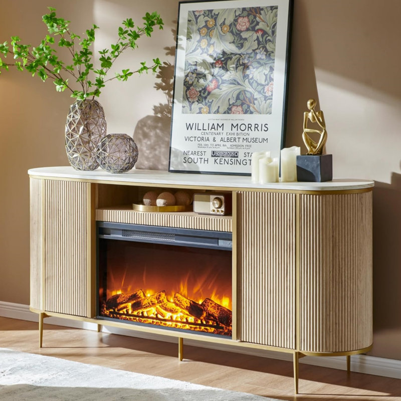Iyes 70" W Engineered Wood TV Stand with Electric Fireplace, Natural Oak/White