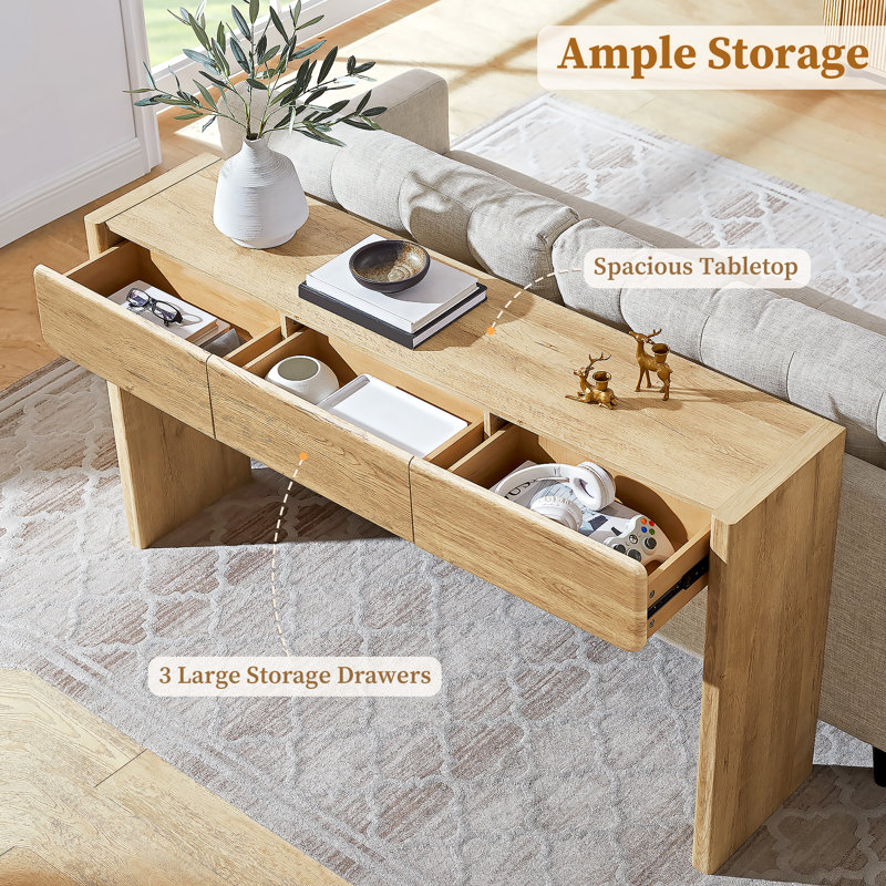 63'' Farmhouse Console Table, Entryway Table, Narrow Console Sofa Table With 3 Top Drawers, Natural Oak