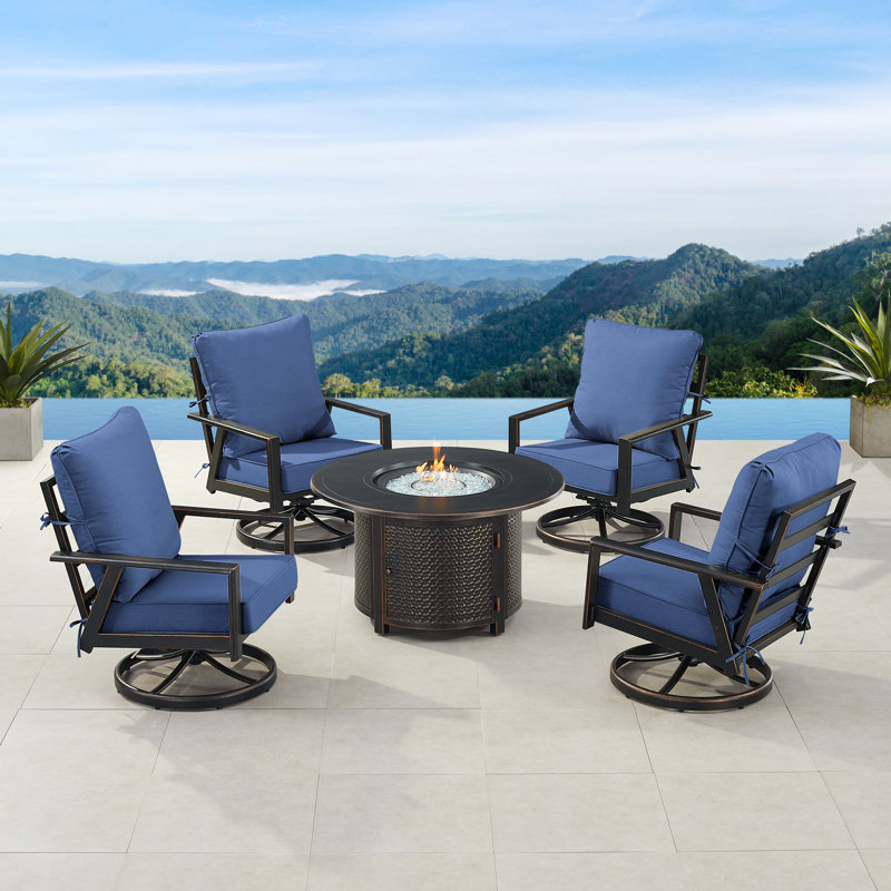 Ensemble de table de foyer en aluminium noir avec quatre fauteuils club, Bleu