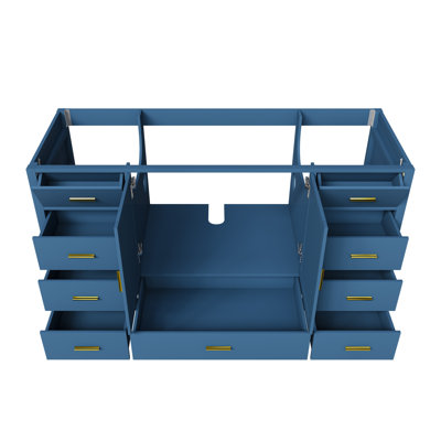 Meuble sous-vasque de salle de bain bleu de 60 pouces avec portes à fermeture en douceur, plusieurs tiroirs et compartiments de rangement rabattables