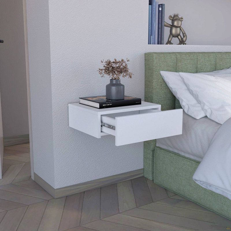 Table de chevet flottante H 5 po, tablette murale moderne avec tiroir, Blanc