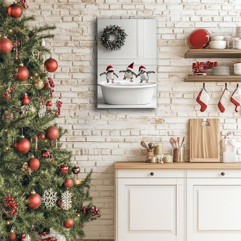«Drôle de pingouins en père Noël», art mural 24 po x 36 po