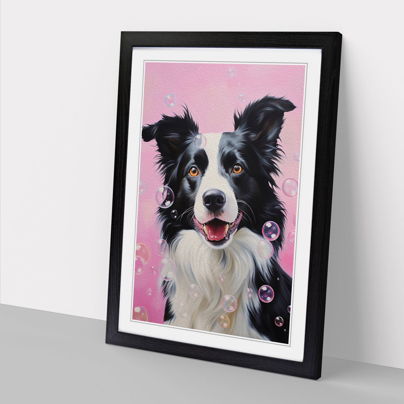 Border Collie Bubble Gum - Single Picture Frame Print on Wood, 46cm H x 34cm W x 2cm D, Black