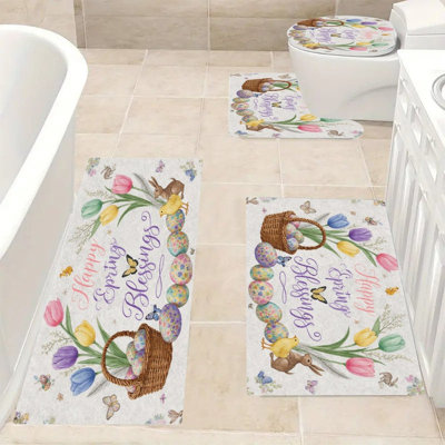 Happy Spring Blessings, Bath Rug Set of 4 for Bathtub, Sink