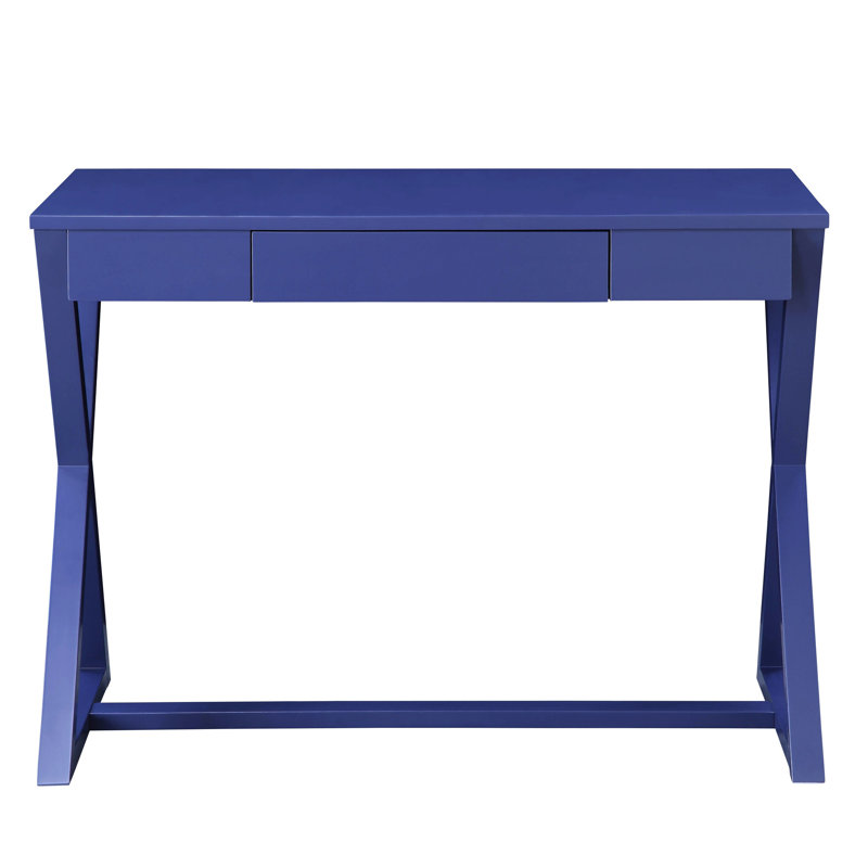 Blue Writing Desk With Expansive Workspace And X-shaped Support Broad Area Base