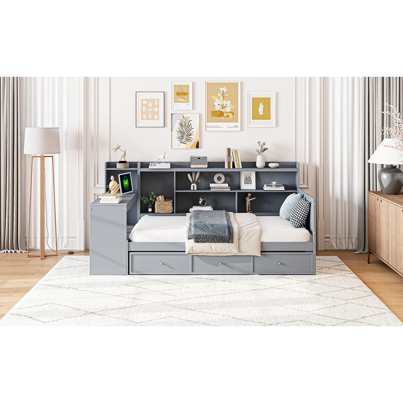 Lit de jour simple en bois gris avec bureau et rangement - Structure en bois de pin massif avec 3 grands tiroirs, Gris