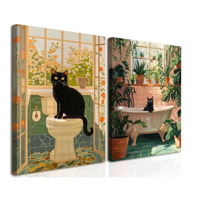 Drôle d'art mural de salle de bain, ensemble de 2 chats mignons dans une salle de bain, fantaisiste, chat noir sur toilette