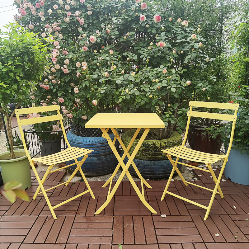 3 Piece Patio Bistro Set Of Foldable Square Table And Chairs, Yellow