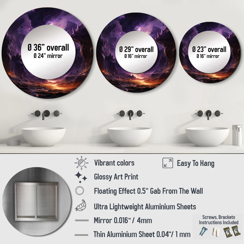 Orbital Overture Dreaming Landscape - Miroir mural paysages, miroir décoratif rond mauve, impression d'art en métal