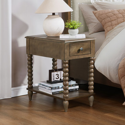 24" Tall Rustic Solid Wood End Table With Built-In Power Outlet And USB Port