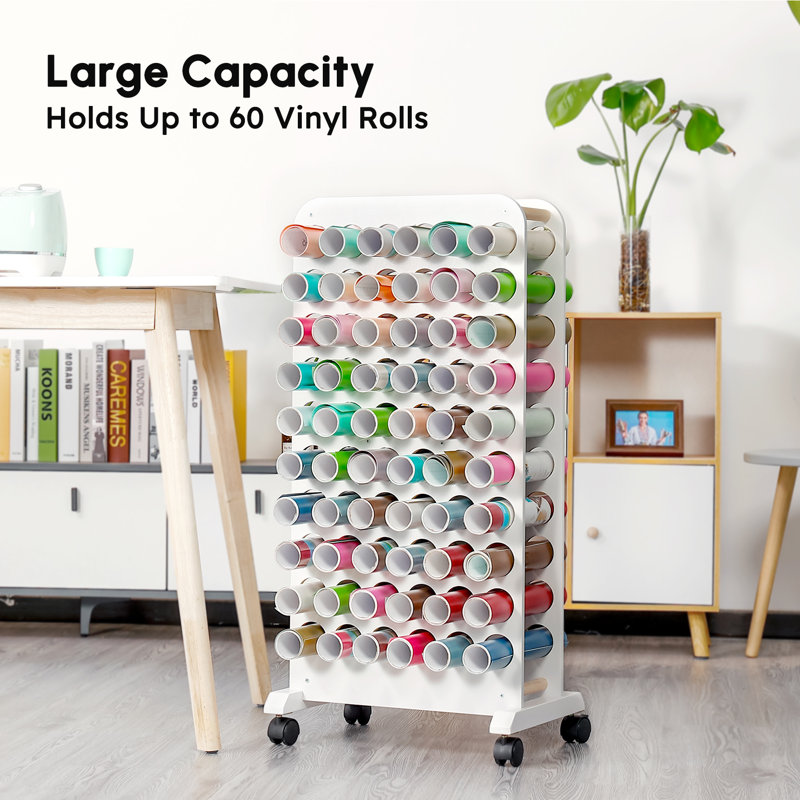 Craft Table Mobile Vinyl Roll Holder 60 Compartments Vinyl Storage table with Locking Caster Wheels