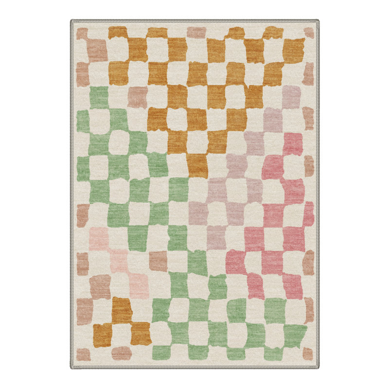 Modern Warped Check Machine Washable Green / Pink / Beige Indoor Area Rug With Non-Slip Backing, Rectangle 5' x 7'