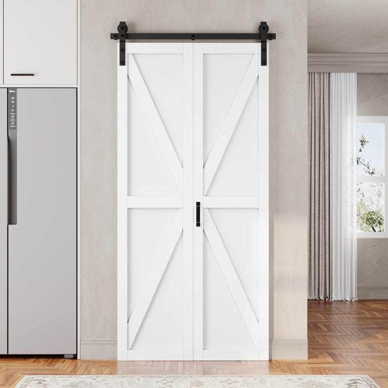 Porte de grange pliante blanche en forme de K, âme pleine, préassemblée, 40 po x 84 po, avec trousse de quincaillerie d'installation (idéale pour les petits placards, garde-manger, buanderie, salle de bain)