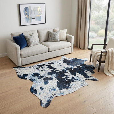 Tapis noir et blanc en cuir de vache noué à la main 6 pi x 7 pi