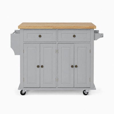 Modern Farmhouse Adjustable Shelving with Rubberwood Worktop Spice Rack Towel Bar and Locking Casters Rolling Kitchen Island Cart for Kitchen Dining Room and Pantry