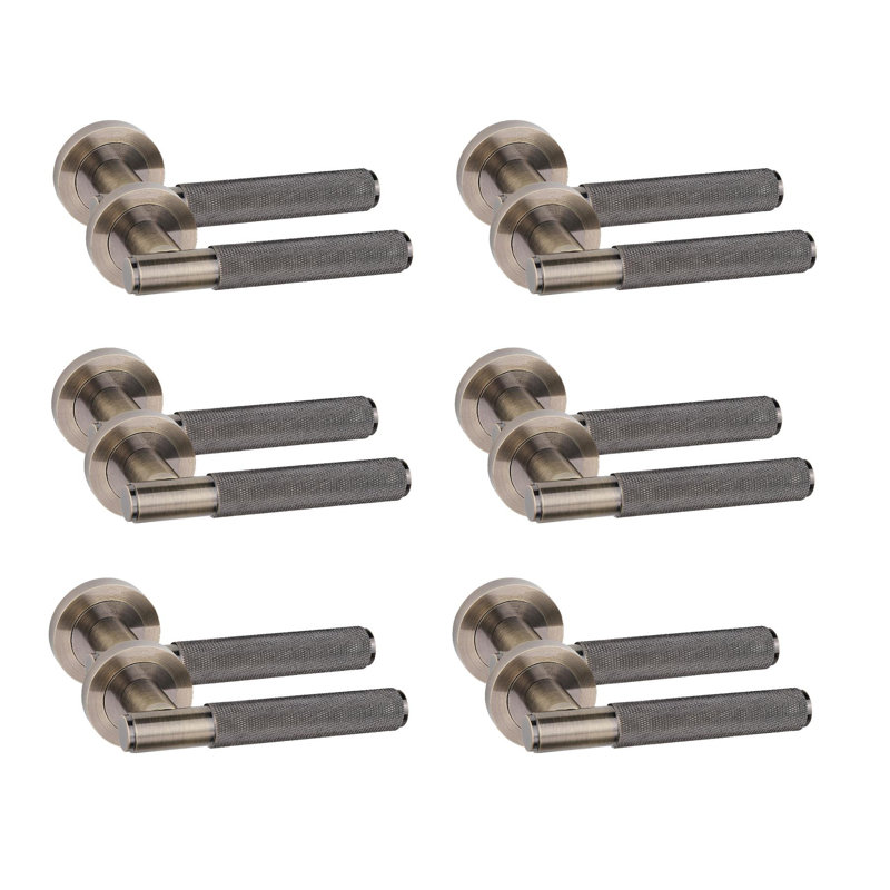  6 Pairs Straight T-Bar Knurled Door Handles in Antique Brass Finish