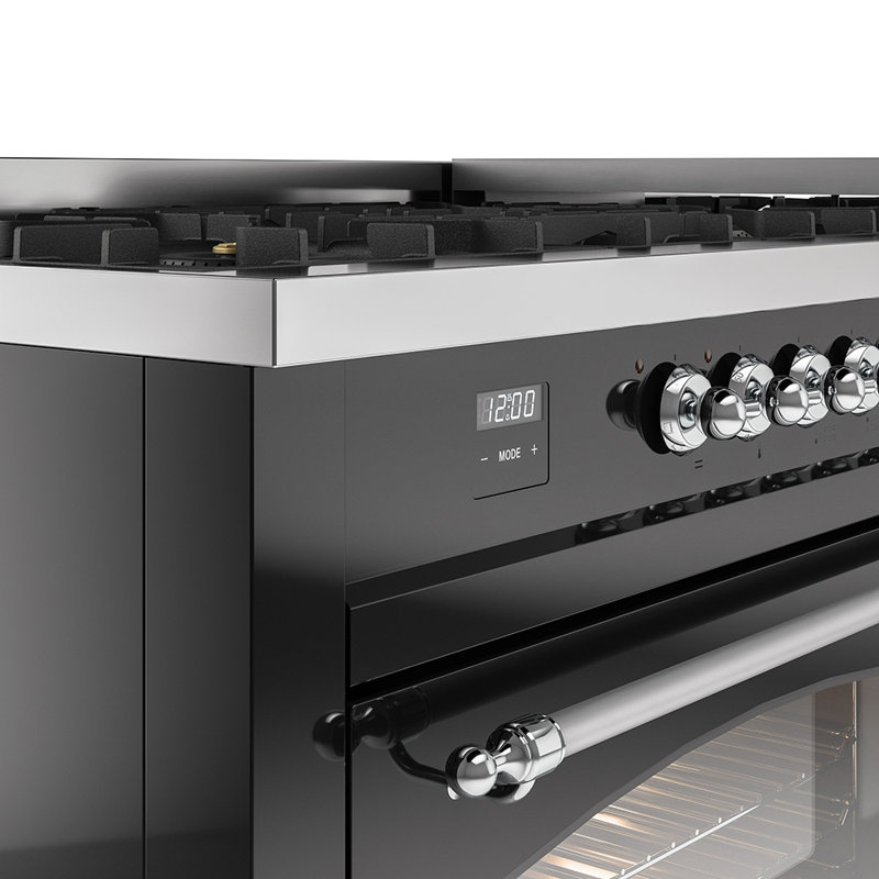 ILVE Nostalgie II Series 60 in. Dual Fuel Range with 9 Sealed Burners, Griddle (Natural Gas, Glass Door), Glossy Black/Chrome