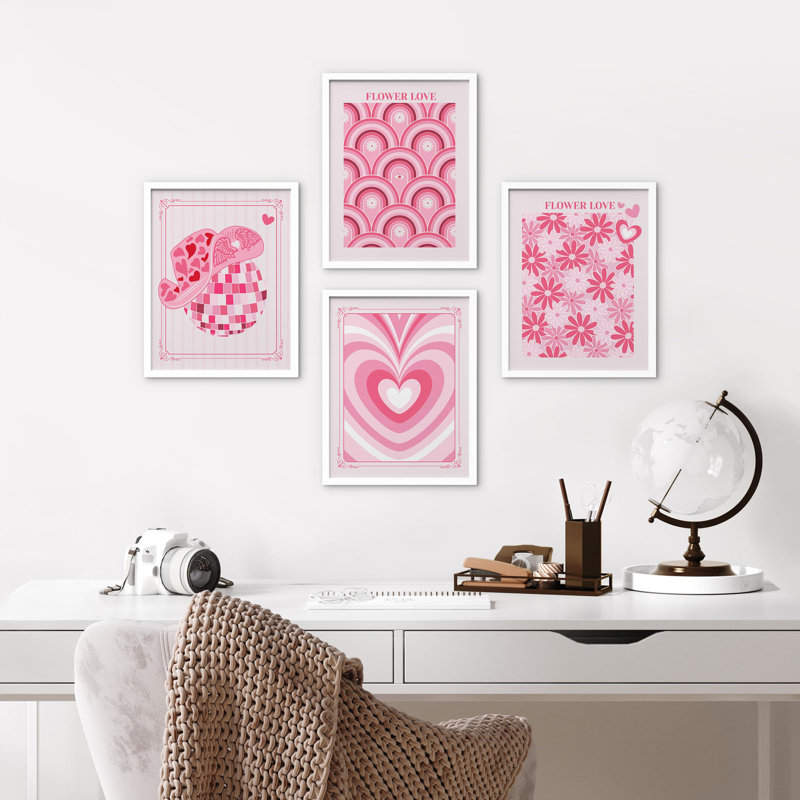 «Watercolor Pink Heart Circle Flower Collages», impression encadrée sur papier, 4 pièces, Blanc, H 10 po x l 8 po