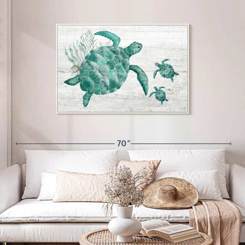 Famille de tortues en bois, Cadre flottant blanc, 43 po x 29 po