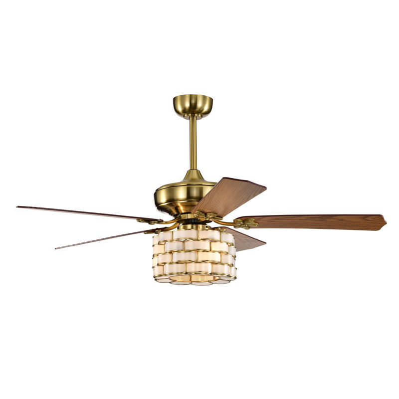 Pagamon Brass 3-light 5-blade Wooden Lighted Ceilng Fan With Opaque Glass Weave Shade