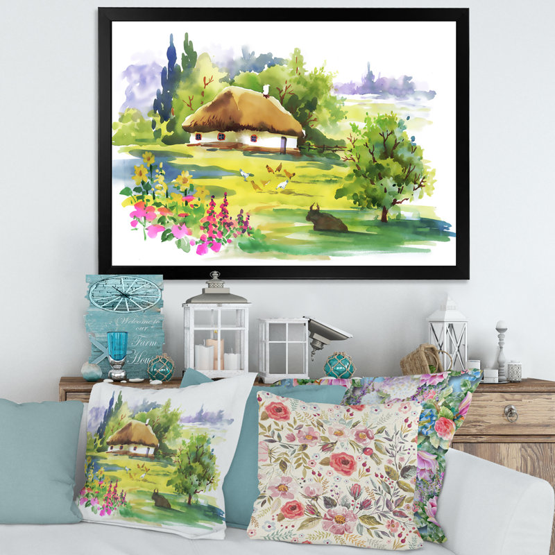 Maison de campagne dans les Groenland en fleurs - Peinture sur toile, H 30 po x l 40 po x 1,5 po, Toile avec cadre noir
