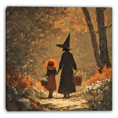 Witch and Child Stroll Wrapped Canvas Wall Art
