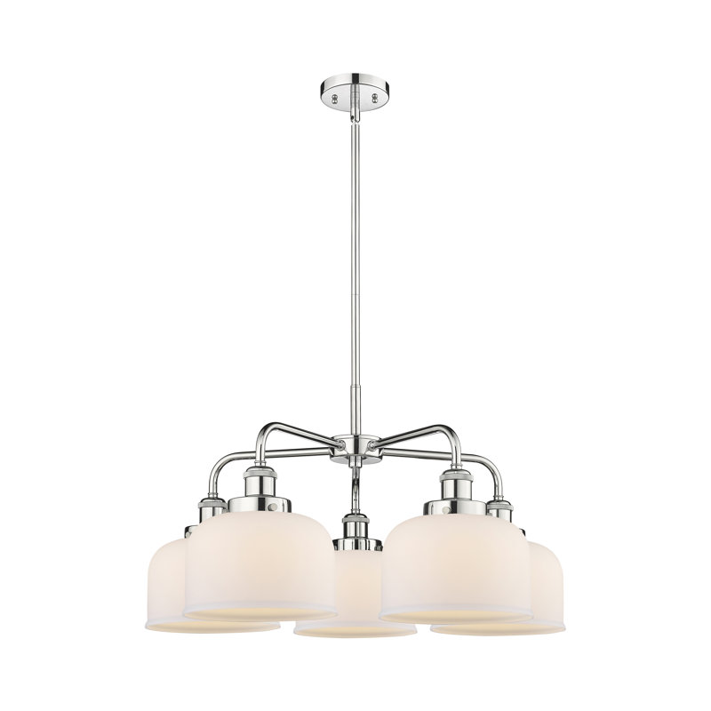 Lustre en verre à 5 lumières Bell, Blanc mat, Chrome poli