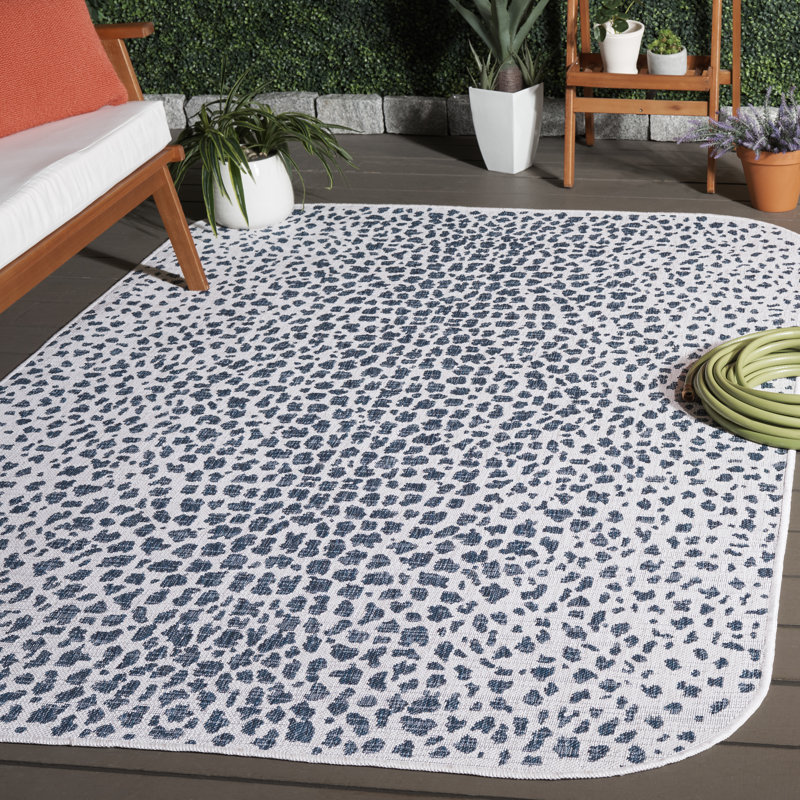 Tapis intérieur / extérieur ivoire / bleu marine Tyron, Rectangle arrondi 8 pi x 10 pi