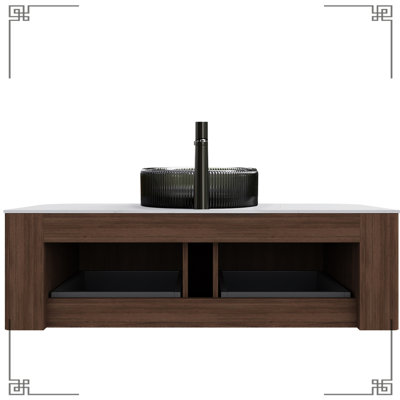 48-inch Bathroom Vanity With Transparent Black Glass Basin, Cabinet Curved Edges, Dark Walnut Finish, Soft Close Drawer Slides 48" Sink, Crystal 2 Drawers, Wood Grain, Ample Storage,