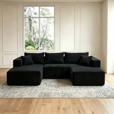 92.5" Modular Boneless Sectional Compression Sofa, U-shaped Modern Corduroy Couch Set No Assembly Required