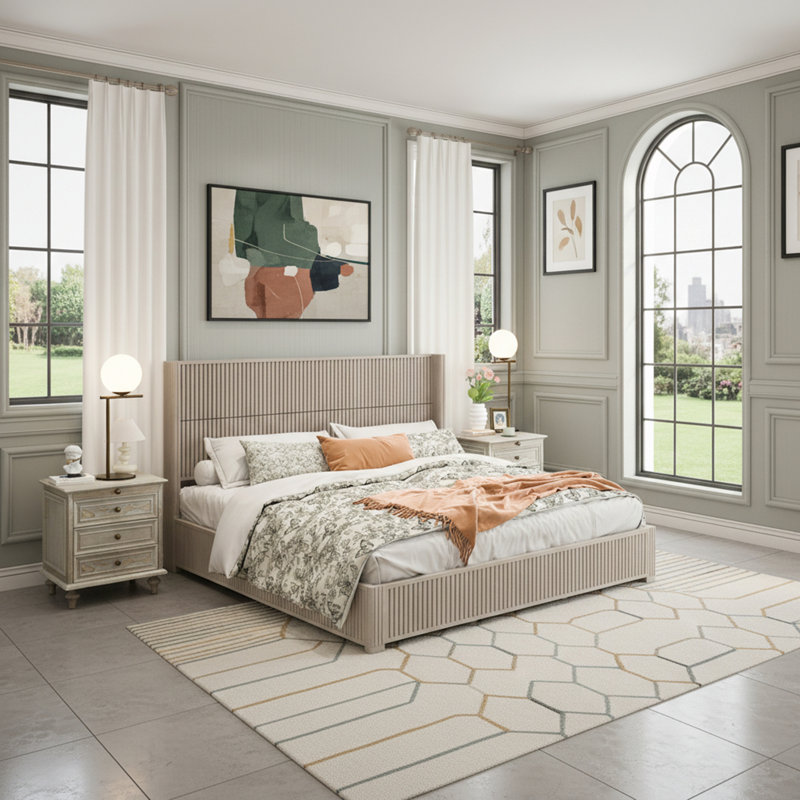 Lit plateforme très grand avec tête de lit, Beige, Très grand lit