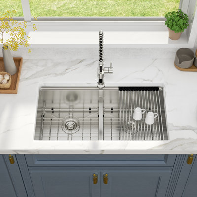 Stainless Steel 19" W Double Basin Undermount Kitchen Sink with Basket Strainer