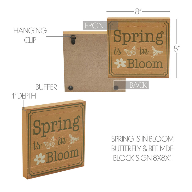 Printemps en fleurs Spring Is In Bloom w / Butterfly & Bee MDF Block Sign 8 x 8 x 1