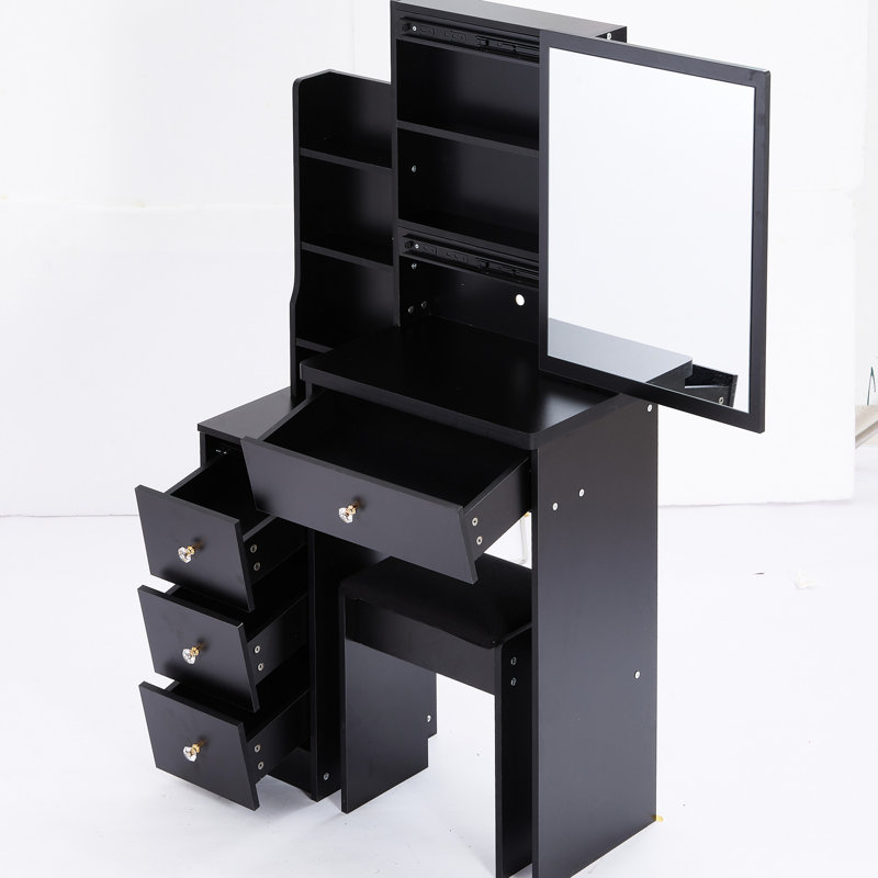 Black Dressing Table For Tiny Spaces With Cushioned Stool, Large Sliding Mirror, Multi-Layer Storage Vanity Seat & Compact Spaces, American Style, , , Ul Approved