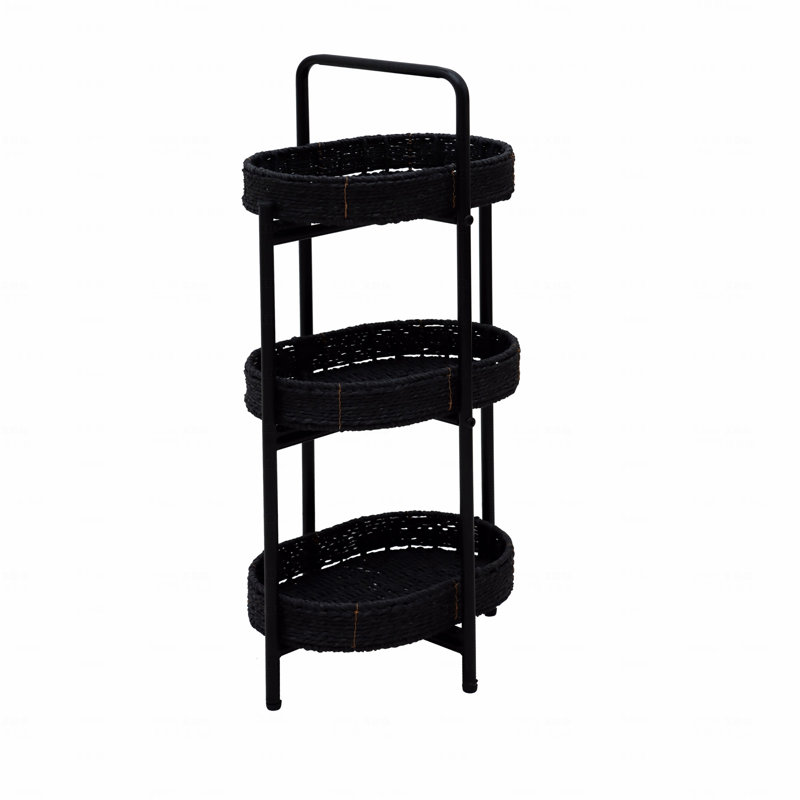  3 Tiers Tray Tables Paper Rope Woven Side Table, Oval Storage Basket Small Shelves (Black), Black