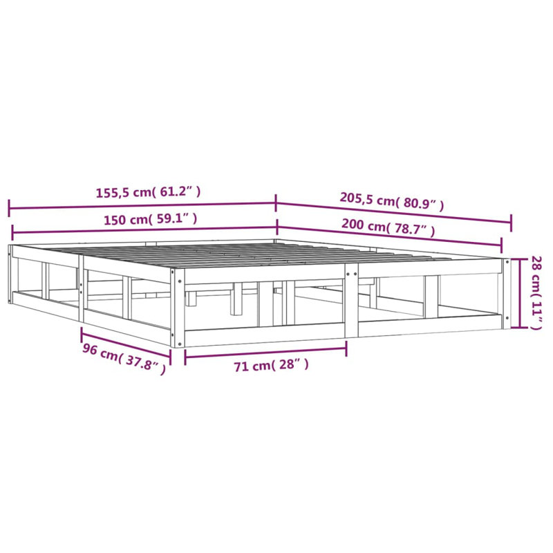 Bed Frame Solid Wood, Dark Brown, 155.5 x 205.5 cm
