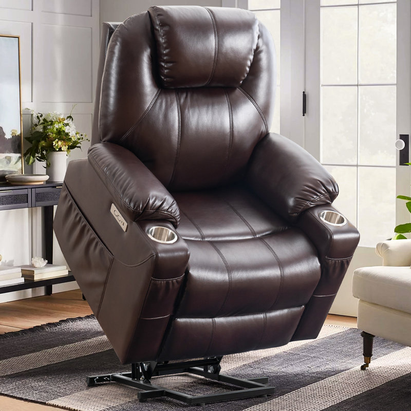 Fauteuil inclinable électrique en cuir avec chauffage et massage Buchs, Similicuir brun