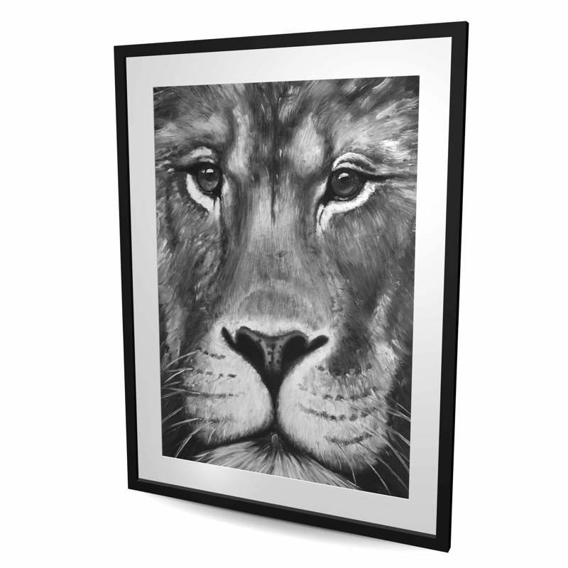 Portrait de lion - reproduction encadrée de félin noir et blanc