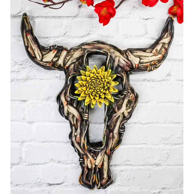 Décoration murale crâne de vache rustique Buffalo avec fleur et croix