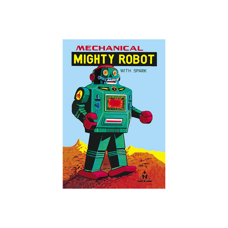 « mecanique mighty robot », affiche rétro, Vert / jaune / orange, H 42 po x l 28 po