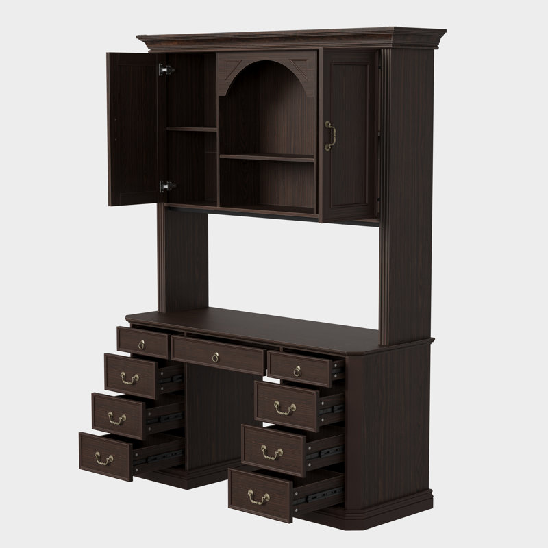 Bureau de direction 59 po avec huche, 9 tiroirs, 2 armoires de rangement à 2 portes, moulure couronnée, Noyer