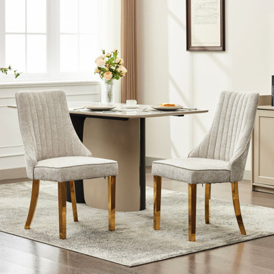 Chaises de salle à manger en chenille de haute qualité en rayonne beige de haute qualité avec 2 pieds, pieds en acier inoxydable doré, éponge en rebond